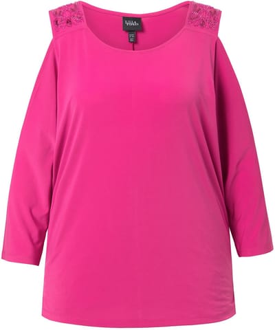 Ulla Popken - Dames - T-shirt comfortabele pasvorm cut-out bij de schouder - Fuchsiaroze - Maat 42+