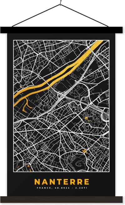 Posterhanger incl. Poster 40x60 cm - Schoolplaat - Stadskaart – Frankrijk – Kaart – Nanterre – Plattegrond - Textielposter - Zwarte latten - Stadskaart
