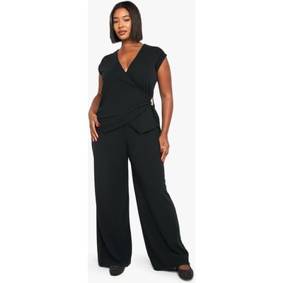boohoo Dames Plus capmouw, gouden trim detail, wraptop en broek met wijde pijpen | Black | Maat: 28
