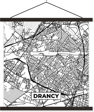 Posterhanger incl. Poster 60x60 cm - Schoolplaat - Plattegrond - Drancy - Kaart - Frankrijk - Stadskaart - Zwart wit - Textielposter - Zwarte latten - Stadskaart