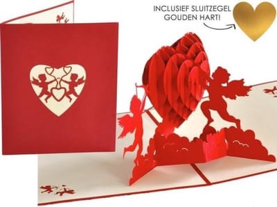 Popcards popupkaarten - Cupido’s met groot rood hart Moederdag Liefde Verliefd Love Valentijn Valentijnskaart Valentijnscadeau pop-up kaart 3D wenskaart inclusief sluitzegel  gouden hart