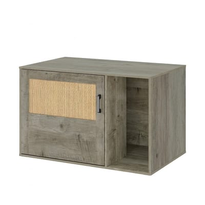 Kattenkast – Voor Binnenkatten – Verborgen Kattenbak Meubel met Rotan Deur, Boho Houten Kattenhuis / Opbergbank – Greige