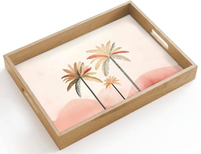 Dienblad hout 40x30 cm - Schootdienblad - Palmbomen - Heuvels - Minimalistisch - Zachtroze - Borrelplank rechthoek - Plateau dienbladen