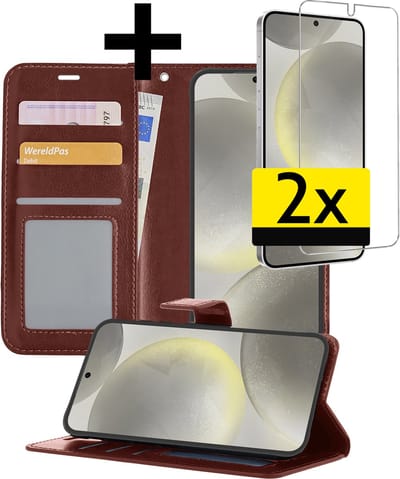 Hoesje - Met 2x Screenprotector - Geschikt voor Samsung Galaxy S24 - Luxe Pasjeshouder - Bookcase Portemonee - Flip Case - Kunstleer Book Case - Flipcase Hoes - Book Cover - Walletcase - Portemonneehoes - Telefoonhoesjes - Bruin