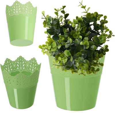 KADAX Puntige bloempot van kunststof, 9 kleuren, bloempot met kantmotief, bloempot bescherming voor kantoor, pot, tuinschaal, bloembak, bloempot (diameter 12 cm, hoog, groen)