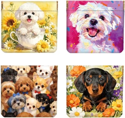 4 Stuks PU Leren Mini Muntentassen en Cosmetica Tasjes voor Sleutels, Make-up en Haaraccessoires met Schattige Hondenkop en Bloemenprint