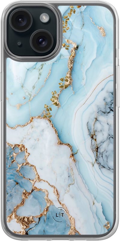 Hoesje geschikt voor iPhone 15 - Marmer babyblauw - 2in1 backcover - Marmer - Blauw - Leuke Telefoonhoesjes