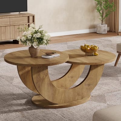 Tribesigns Ronde Salontafel - 115×60×50 CM - Boerderij 2 Tier salontafel met U-vormig frame - Natuurlijk - Voor Woonkamers, Thuiskantoor