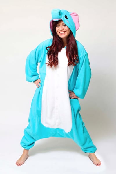 KIMU® Onesie Blauwe Olifant Pakje - Maat 110-116 - Olifantenpak Kostuum Blauw Pak - Zacht Jumpsuit Pyjama Huispak Dierenpak Jongen Meisje Festival