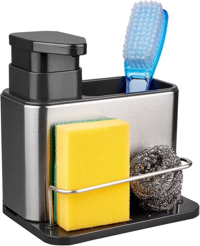 Famanu – Zeepdispenser voor gootsteen - 3-in-1 sponshouder voor aanrecht Caddy - roestvrij stalen gootsteen organizer lade afdruiprek - roestvrije afwaszeepdispenser borstelhouder aanrecht