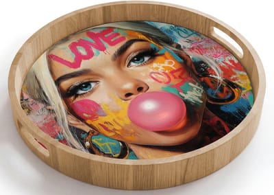Dienblad rond 40x40 cm - Schootdienblad hout - Vrouw - Kauwgom - Graffiti - Love - Borrelplank rechthoek - Plateau houten dienbladen