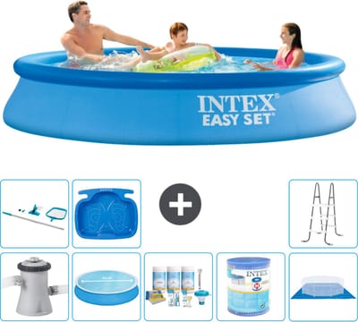 Intex Rond Opblaasbaar Easy Set Zwembad - 305 x 61 cm - Blauw - Inclusief Pomp - Solarzeil - Onderhoudspakket - Filter - Grondzeil - Schoonmaakset - Ladder - Voetenbad - 9-delig