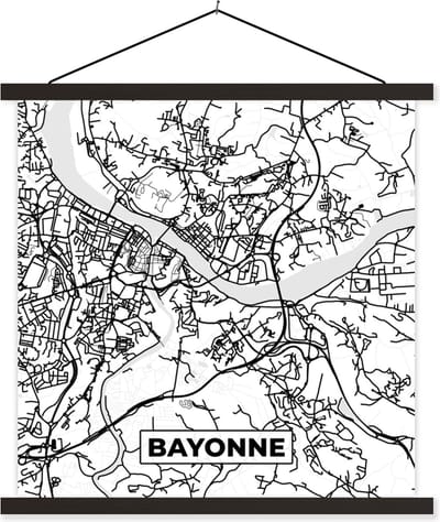Posterhanger incl. Poster 60x60 cm - Schoolplaat - Kaart - Plattegrond - Frankrijk - Stadskaart - Bayonne - Zwart wit - Textielposter - Zwarte latten - Stadskaart
