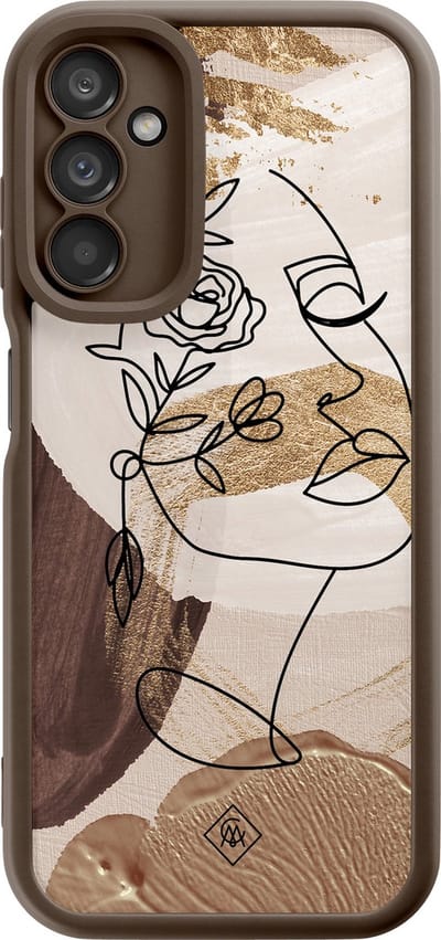 Casimoda® hoesje - Geschikt voor Samsung Galaxy A14 5G - Abstract Gezicht Bruin - Zwart TPU Backcover - Geometrisch patroon - Bruin/beige
