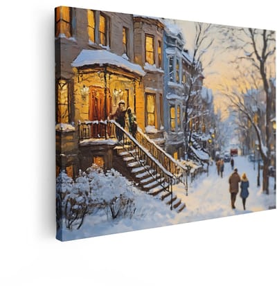 Artaza Canvas Schilderij Winterlandschap - 120x90 cm - Wanddecoratie Winter - Muurdecoratie Besneeuwde Straat - Schilderijen Stad