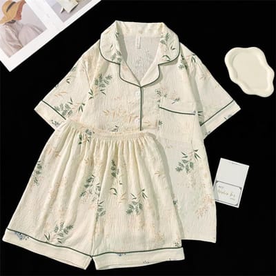 Zomer Faux Katoen Dames Pyjama Set Top met Knoopsluiting & Shorts 2 Stuks Nachtkleding Print Bloemen Nachtkleding Loungewear voor Dames M beige