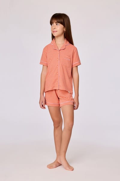 Woody pyjama meisjes/dames doorknoop - perzikoranje gestreept - 261-10-YPE-Z/902 - maat 164