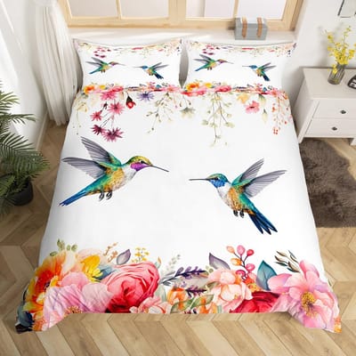 Kolibrie Bloemen Dekbedovertrek Vogels Beddengoed Set Blauw Groen Lente Wilde Dieren Botanisch Dekbedovertrek Polyester Quilt Hoes AU Single(140x210cm)