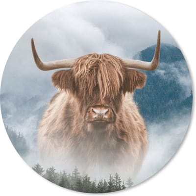 Muismat rond 20x20 cm - Mousepad Schotse hooglander - Mist - Berg - Ronde muismatten