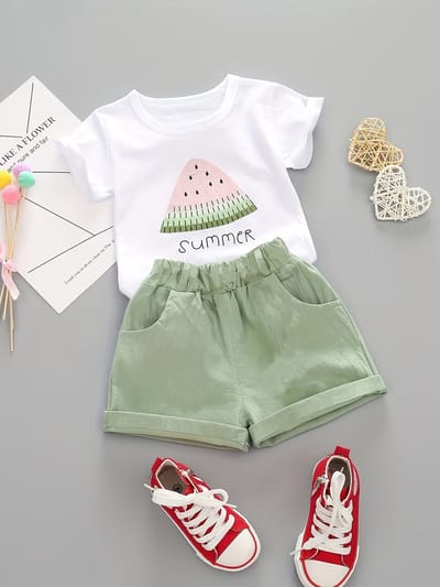 Meisjes set maat 9-12 mnd. - Maat 80 - Zomer - Ronde Hals - Watermeloen - Print - Korte Mouw - Casual - Shorts - Tweedelige Set, Perfect voor Buiten