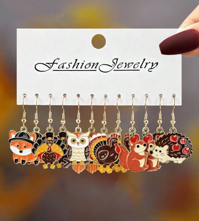 Set van 6 Paar Herfst Dieren Oorbellen – Kleurrijke oorbellen met Egel, Eekhoorn, Uil en Meer