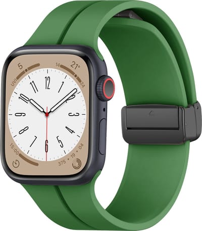 Strap-it Magnetische Siliconen band - Geschikt voor Apple Watch bandje - Series 1/2/3/4/5/6/7/8/9/10/11/SE/SE2/SE3 - Legergroen - Siliconen bandje met D-buckle sluiting - iWatch sportbandje voor maat: 38 / 40 / 41 / 42mm