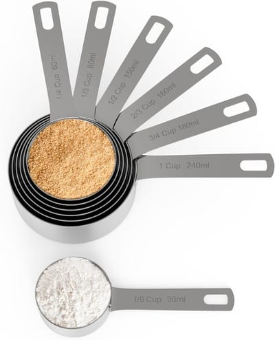 Famanu - Maatbekers RVS 7-delig, stevige lange handgrepen, nestbaar en stapelbaar, voor natte en droge ingrediënten, bakaccessoires