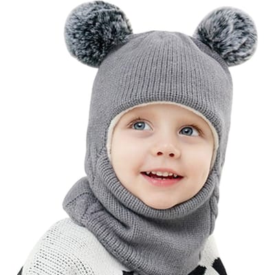 Kinder Wintermuts Sjaal Set Gebreide Muts Sjaal Oorklep Dik Fleece Gevoerd Warme Cap Muts met Pompons beige
