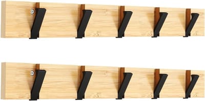Dailygoods- Kledinghanger met 5 Uittrekbare Haken - Wandbeugel - Bamboe - Aluminium - Ruimtebesparend - Eenvoudig te Monteren - Jassenhaak