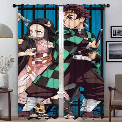 Demon Slayer Gordijnen Kinderkamer Scheidingswand Huis Interieur Gordijnen 2 Stuks Shades Tule voor Slaapkamer Verduisteringsgordijn Woonkamer W60xH90cmx2pcs-CL