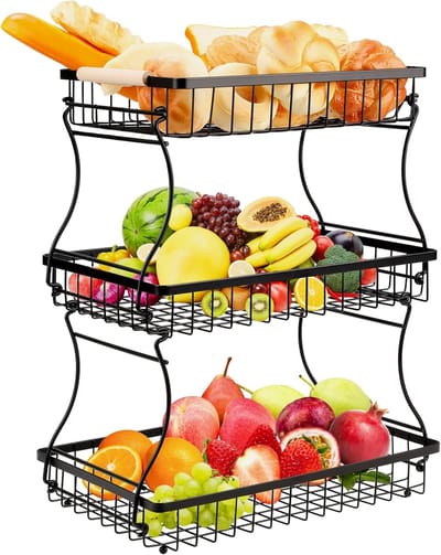 Famanu – Fruitschaal 3 etages met houten handgrepen – metalen fruitetagère voor keuken en badkamer (