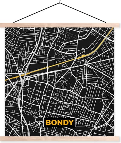 Posterhanger incl. Poster 40x40 cm - Schoolplaat - Plattegrond - Frankrijk - Bondy - Stadskaart - Kaart - Textielposter - Blanke latten - Stadskaart