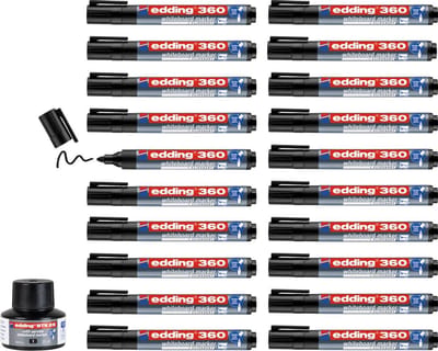 edding 360/20 S whiteboardmarker zwart en navulinkt - ronde punt - 1,5-3 mm - doos met 20 markers en potje navulinkt