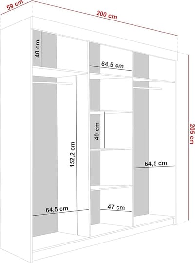 Schuifdeur kledingkast met spiegel 200x205x59 cm – Multifunctionele garderobekast met schuifdeuren en opbergruimte | Modern wit + graphite design