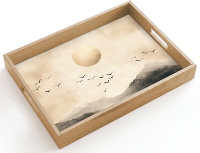 Dienblad hout 40x30 cm - Schootdienblad - Landschap - Japandi - vogel - Borrelplank rechthoek - Plateau dienbladen