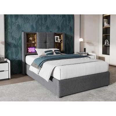 ModernLuxe Gewatteerd opbergbed 90x200 cm - met draadloos opladen en opberghoofd - katoenen stof - Grijs