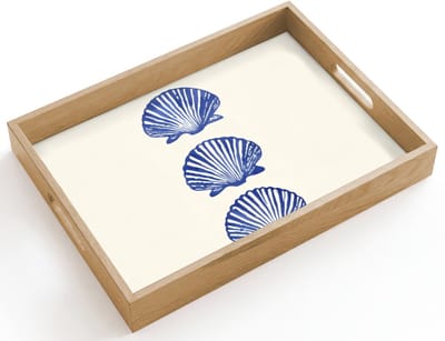 Dienblad hout 40x30 cm - Schootdienblad - Schelpen - Blauw - Patroon - Borrelplank rechthoek - Plateau dienbladen