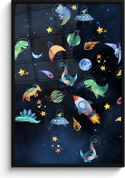 Poster in lijst - Fotolijst 80x120 cm - Posters - Ruimte - Dino - Dinosaurus - Jongens - Posterlijst zwart - Kamer decoratie - Wanddecoratie kinderkamer - Muurdecoratie babykamer