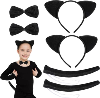 6-delige Kattenoren Hoofdband Set voor Dierenkostuum - Unisex Feestaccessoires met Staart en Strik voor Cosplay en Verkleedpartijen