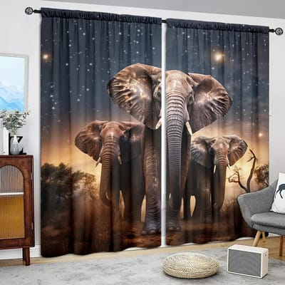 2 stuks Gordijnen met Olifanten onder de Sterrenhemel Stijl Print voor Huisdecoratie- Tunnel voor Roede Raambekleding voor Slaapkamer, Kantoor, Keuken 52.5cmX116cmX2pcs gray