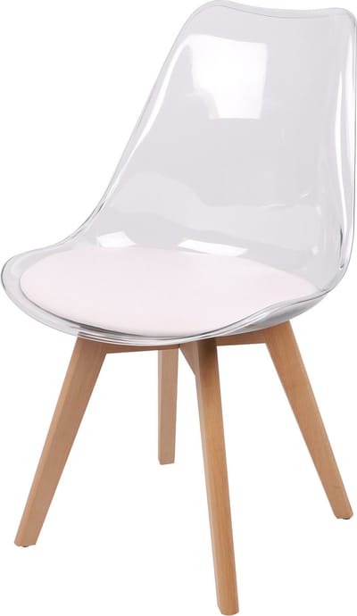 DOORZICHTIGE SCANDINAVISCHE STOEL MET WIT KUSSEN EN HOUTEN POTEN x4