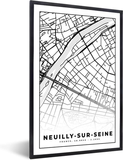 Fotolijst incl. Poster Zwart Wit- Kaart - Plattegrond - Frankrijk - Stadskaart - Neuilly-sur-Seine - Zwart wit - 40x60 cm - Posterlijst