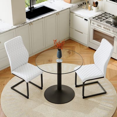 OKWISH Eethoek Set 85 Cm - Ronde Glazen Tafel Met 2 Eetkamerstoelen - Voor Kleine Eetruimte Of Keuken - Metaal - Wit