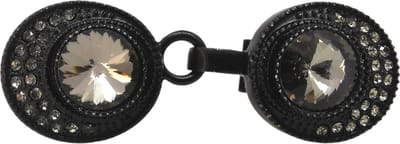 Vestsluiting - clip met haakje -zwart-grote antraciet kristal omring door kleine strass steentjes, voor vest, sjaal of omslagdoek.