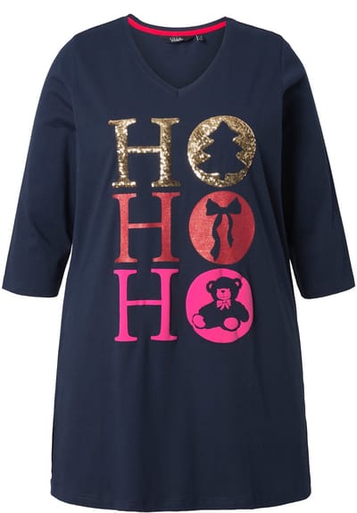 Ulla Popken - Dames - Longshirt Ho Ho Ho A-lijn V-hals lange mouwen - Marine - Maat 42+