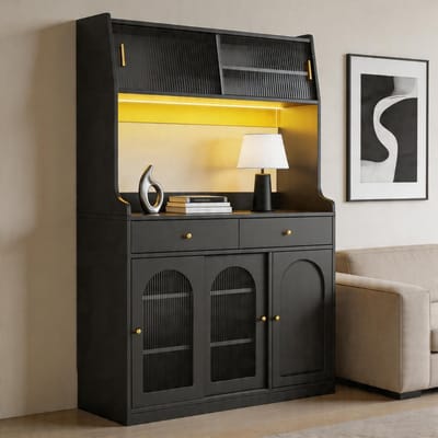 Komhtom - Keukenkast en hoge vitrinekast - Buffetkast met verstelbare planken - Eetkamerkast met 2 lades - Dressoir met LED-verlichting en variabele lichtkleuren - Zwart