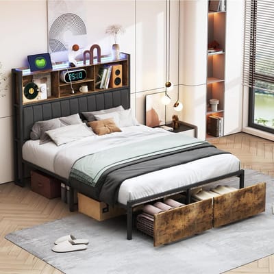 Bedframe met Opbergruimte - Opbergbed Led - Slaapkamer Organisatie - Geïntegreerd Laadstation - 140 x 200 cm - Zwart