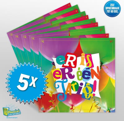 5x Muziekwenskaart - Er is er een jarig – zelf opneembaar – 60 seconden – 21x21cm – hoge kwaliteit – inclusief envelop
