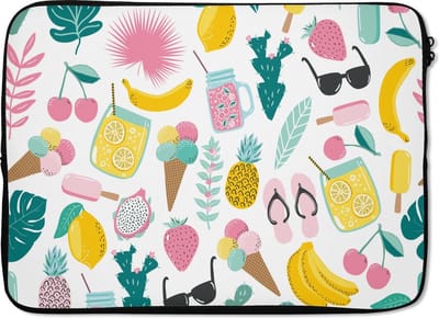 Laptophoes 13 inch - Zomer - Symbolen - Patroon - Laptop sleeve - Binnenmaat 32x22,5 cm - Zwarte achterkant