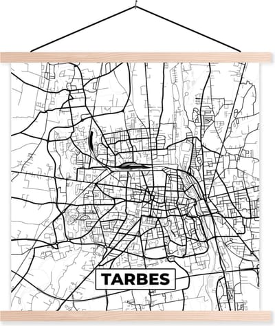 Posterhanger incl. Poster 40x40 cm - Schoolplaat - Kaart - Tarbes - Frankrijk - Stadskaart - Plattegrond - Zwart wit - Textielposter - Blanke latten - Stadskaart
